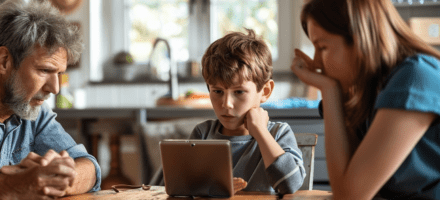 family at table with young son looking at a device. When your child is already viewing porn: Sexpectations - a book of hope and help